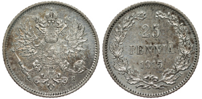 Россия для Финляндии 25 пенни 1915 S, Николай II (1894-1917) KM 6.2, Биткин 420 серебро 75-1162