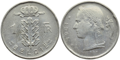 БЕЛЬГИЯ 1 ФРАНК 1951 BELGIE KM 143.1 медно-никель 4390-131