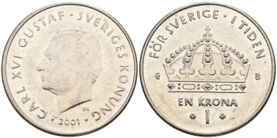 Швеция 1 крона 2001 Карл XVI Густав (1973- ) KM 894 медно-никель 4395-844