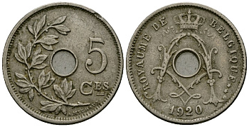 Бельгия 5 сантимов 1920 Belgique KM 66 медно-никель 4173-449