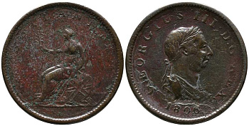 Великобритания 1/2 пенни 1806 Георг III (1760-1820) KM 662, Spink 3781 медь 1518-911