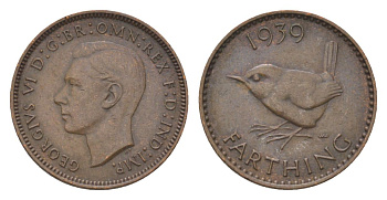 Великобритания 1 фартинг 1939 Георг VI (1936-1952) KM 843, Spink 4116 бронза 4627-821