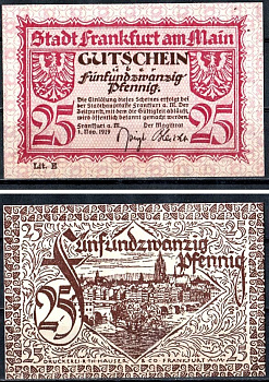 Франкфурт-на-Майне (Пруссия, Гессен-Нассау) 25 пфеннигов 1919 Mehl Grabowski F16.b бумага UNC (пресс) 7555-58-3-2