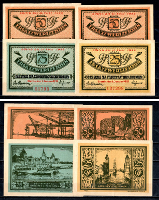 Штеттин (Пруссия, Померания) полный набор из 4 нотгельдов (25, 50 и 75 пфеннигов) 1921 Mehl Grabowski 1270.1 бумага UNC (пресс) 7556-57-4-2