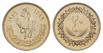 Ливия 20 дирхамов 1979 год-тип KM 21 сталь плакированная никелем UNC M72-13