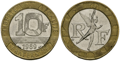 Франция 10 франков 1989 тип гений Бастилии KM 964.1, Le Franc 375.3 биметалл 4135-534