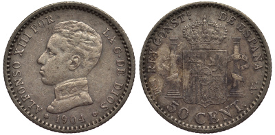 ИСПАНИЯ 50 СЕНТИМО 1904 (04) S.M-V АЛЬФОНСО VIII KM 723 серебро 1521-121