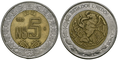 Мексика 5 новых песо 1993 Мо KM 552 биметалл 4167-524