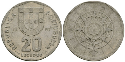 Португалия 20 эскудо 1987 KM 634 медно-никель 4120-1015