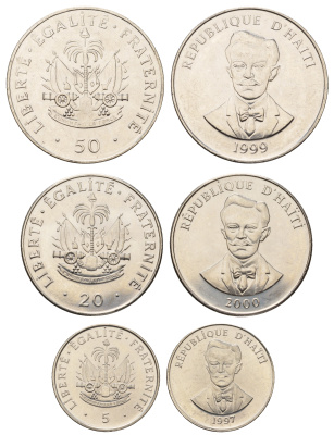 Гаити лот из 3 монет 1997-2000 (5, 20, 50 сантимов), в холдерах, Шарлемань Перальт KM 154а, 152а, 153а никелированная сталь UNC 4680-314-316