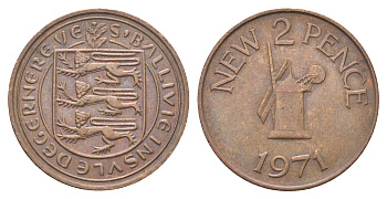 Гернси 2 новых пенса 1971 Елизавета II (1952-2022), ветряная мельница KM 22 бронза 4703-1056