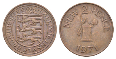 Гернси 2 новых пенса 1971 Елизавета II (1952-2022), ветряная мельница KM 22 бронза 4703-1056