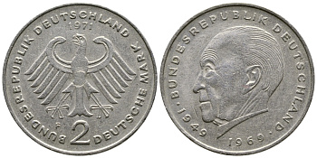 ФРГ 2 МАРКИ 1971 F, КОНРАД АДЕНАУЭР KM 124, J. 406 медно-никель плакированный никелем 47-811