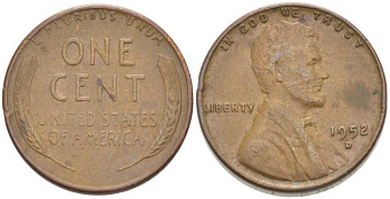 США 1 ЦЕНТ 1952 D, ЛИНКОЛЬН KM А132 медь цинк 218-242