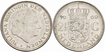 Нидерланды 2 1/2 гульдена 1969 Юлиана (1948-1980) KM 191 никель 38-542