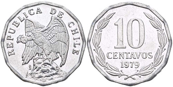 Чили 10 сентаво 1979 KM 205a алюминий 4402-431