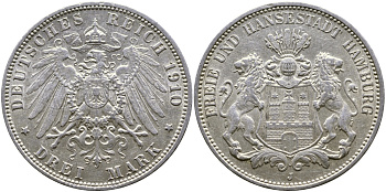 ГАМБУРГ 3 МАРКИ 1910 J KM 296, J.64, Weege 63 серебро 58-1045