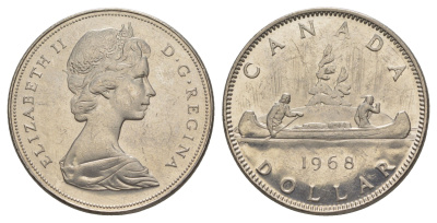 Канада 1 доллар 1968 Елизавета II (1952-2022), каноэ KM 76 никель UNC 4185-326
