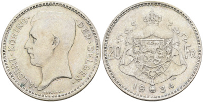 Бельгия 20 франков 1934 Альберт I (1909-1934), Der Belgen KM 104.1 серебро    4117-134