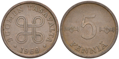 ФИНЛЯНДИЯ 5 ПЕННИ 1969 KM 45 медь 4528-1219