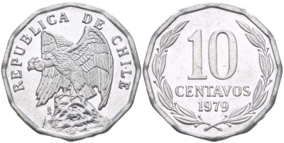 Чили 10 сентаво 1979 KM 205a алюминий 4402-431