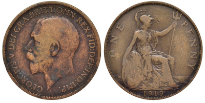 Великобритания 1 пенни 1919 Георг V (1910-1936) KM 810, Spink 4051 бронза 4123-1115