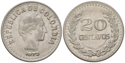 Колумбия 20 сентаво 1973 KM 246 сталь плакированная никелем 4401-225