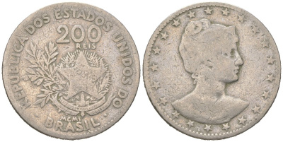 Бразилия 200 реалов 1901 MCMI, голова свободы вправо KM 504 медно-никель 4612-147