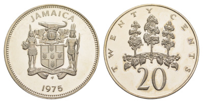 Ямайка 20 центов 1975 FM, тираж 16.000 экземпляров KM 55 медно-никель PROOF 1529-235