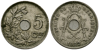 Бельгия 5 сантимов 1922 Belgique KM 66 медно-никель 4173-469