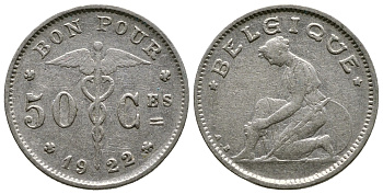 Бельгия 50 сантимов 1922 Belgique, Альберт I (1910-1934) KM 87 никель 4379-343
