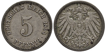 ГЕРМАНИЯ 5 ПФЕННИГОВ 1894 A KM 11, Jager 12, Weege 6 медно-никель 4547-338