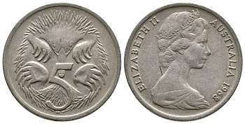 АВСТРАЛИЯ 5 ЦЕНТОВ 1968 ЕЛИЗАВЕТА II, МОЛОДОЙ ПОРТРЕТ, ЕХИДНА KM 64 медно-никель 84-427
