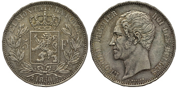 Бельгия 5 франков 1850 Леопольд I (1831-1865) KM 17 серебро 00-1067-3-44