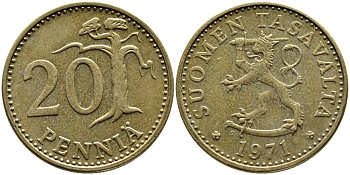 Финляндия 20 пенни 1971 S KM 47 алюминиевая бронза 4622-334