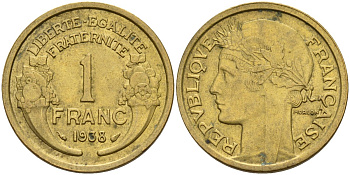 Франция 1 франк 1938 KM 885, Le Franc 219.2 алюминиевая бронза 4142-852