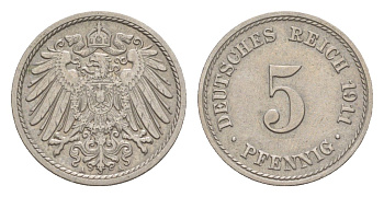 Германия 5 пфеннигов 1911 A, Вильгельм II (1888-1918) KM 11, J. 12 медно-никель 4640-133