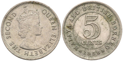 Малайя и Британское Борнео 5 центов 1958 Елизавета II (1952-2022) KM 1 медно-никель 4585-111