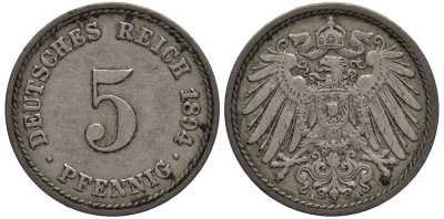 ГЕРМАНИЯ 5 ПФЕННИГОВ 1894 A KM 11, Jager 12, Weege 6 медно-никель 4547-338