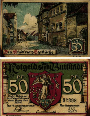 БУТТШТЕДТ 50 ПФЕННИГОВ 1921 НОТГЕЛЬД, ЗЕМЛЯ ТЮРИНГИЯ Keller 211.1 бумага 6318-28-3-1