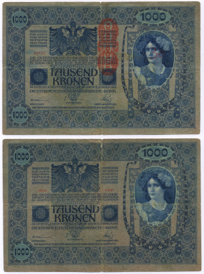 АВСТРИЯ 1000 КРОН 1919 КРАСНАЯ ВЕРТИКАЛЬНАЯ НАДПЕЧАТКА НА 1902 Pick 59 бумага 8564-40-1