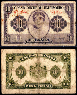 Люксембург 10 франков ND (1944) Pick 44 a (1) бумага 7116-28-3-2