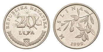 Хорватия 20 лип 1999 олива, нечетный год KM 7 сталь плакированная никелем UNC 3309-829