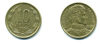 ЧИЛИ 10 ПЕСО 2008 ГЕНЕРАЛ БЕРНАРДО О ХИГГИНС KM 228.2 никель-бронза 37-325