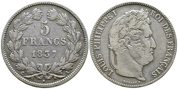Франция 5 франков 1837 A, Луи Филипп I (1830-1848) KM 749.1 серебро 79-1123