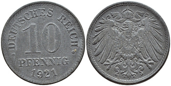 ГЕРМАНИЯ 10 ПФЕННИГОВ 1921 KM 26, J. 299 цинк 4395-1245