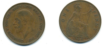 Великобритания 1 пенни 1929 Георг V (1910-1936) KM 838, Spink 4055 бронза 4110-236