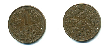 НИДЕРЛАНДЫ 1 ЦЕНТ 1941 ВИЛЬГЕЛЬМИНА (1890-1948) KM 152 бронза 35-1326