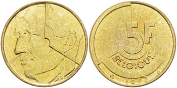 БЕЛЬГИЯ 5 ФРАНКОВ 1987 BELGIQUE, БОДУЭН I (1951-1993) KM 163 латунь или алюминиевая бронза 4546-252