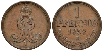 Ганновер 1 пфенниг 1858 B, Георг V KM 233, AKS 156, J. 90 медь 4594-534